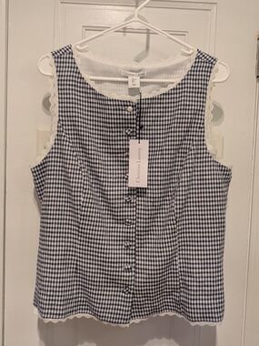 NWT Christian Lacroix Navy Gingham Lace-Trim Sleeveless Top